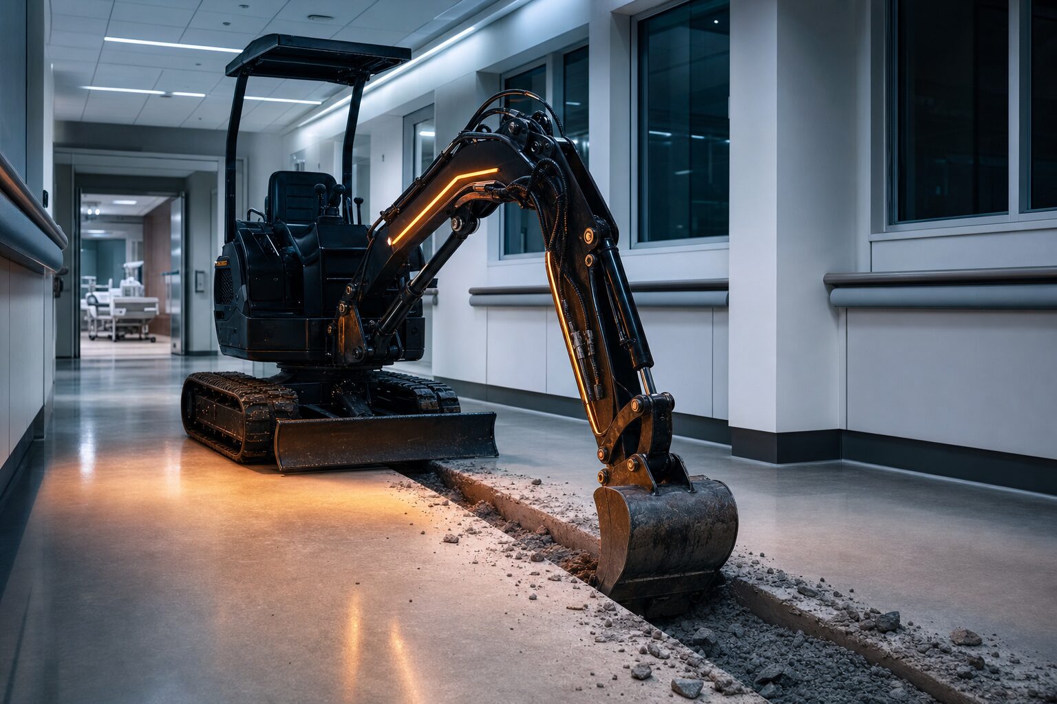A compact battery-electric mini excavator digging a clean trench inside a modern hospital corridor, with no exhaust and warm work lighting.