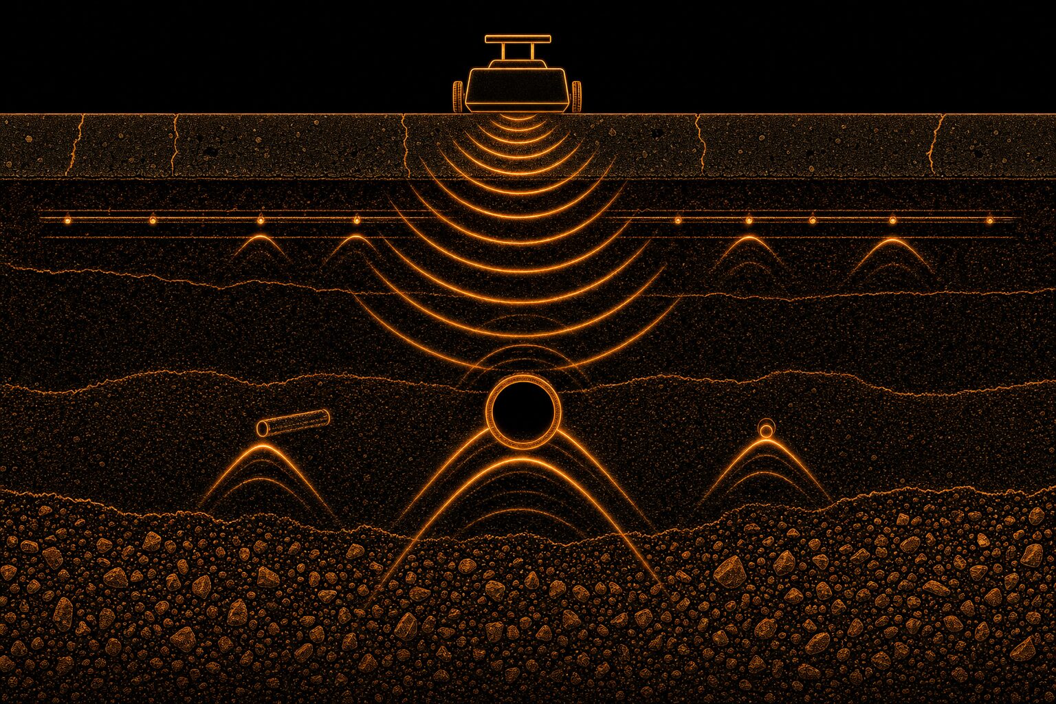 Abstract diagram showing radar hyperbolas from subsurface targets
