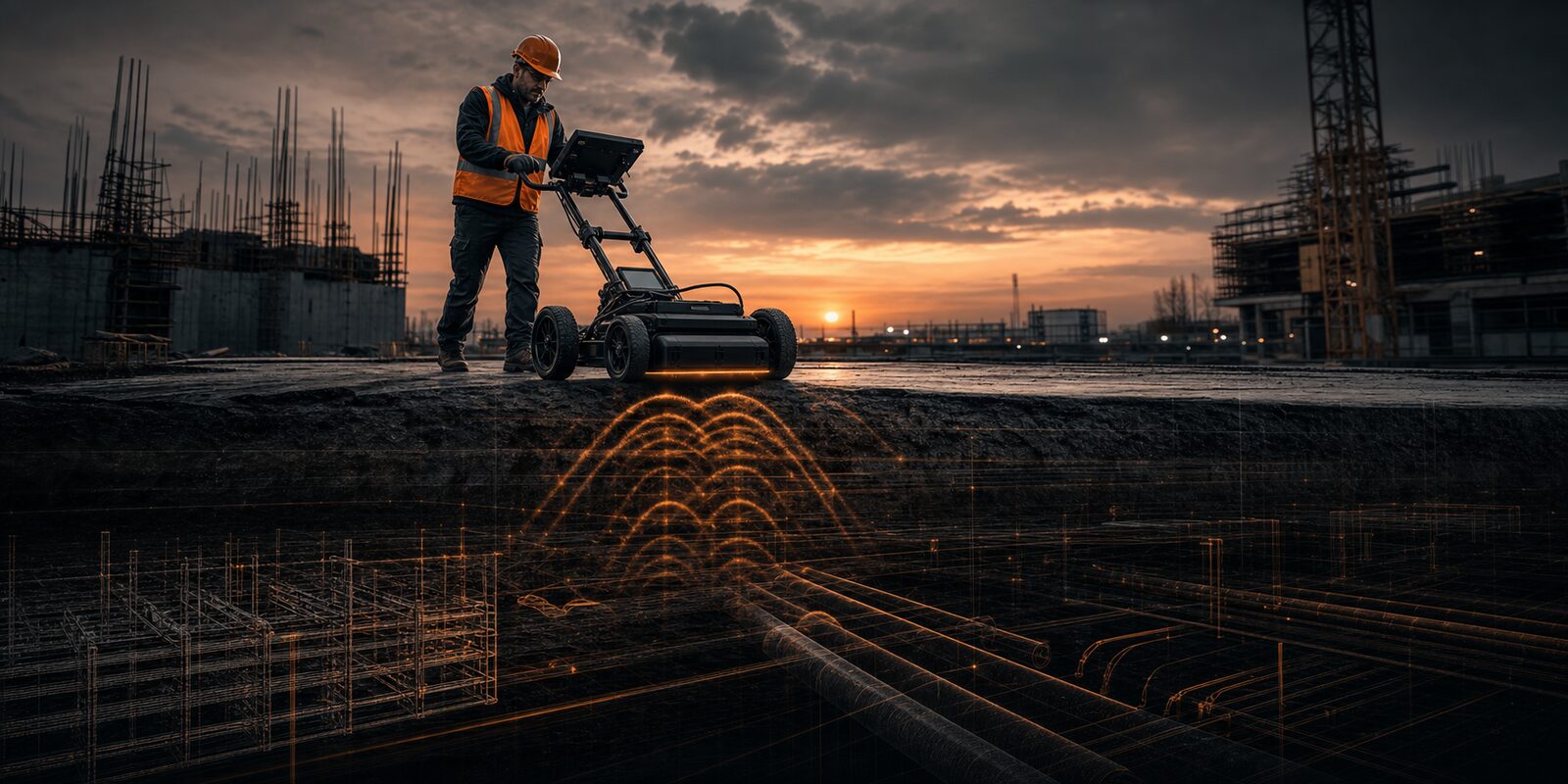 Technician operating GPR cart at dusk
