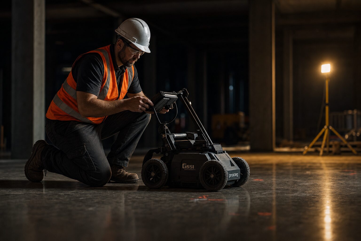 Technician scanning slab in modern commercial interior