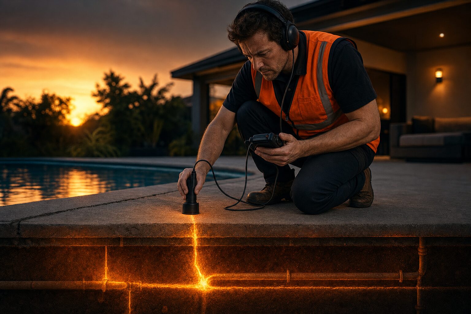 Technician performing leak detection on pool deck at sunset