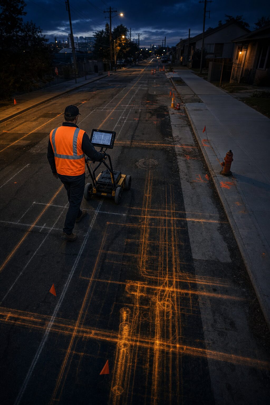 Street-level utility locating at blue hour